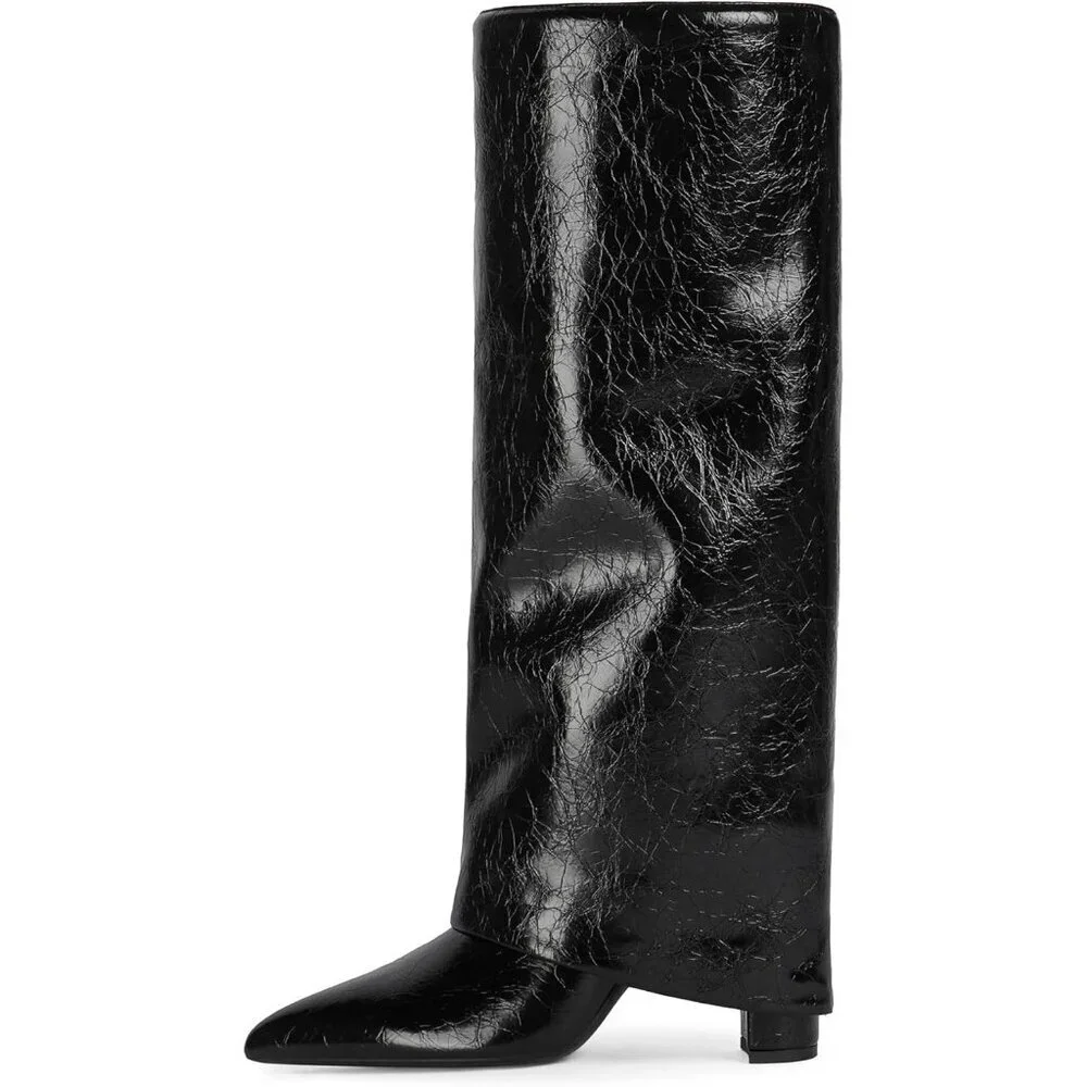Women B-black Faux Leather Fold Over Knee High Chunky High Heels Long Boots